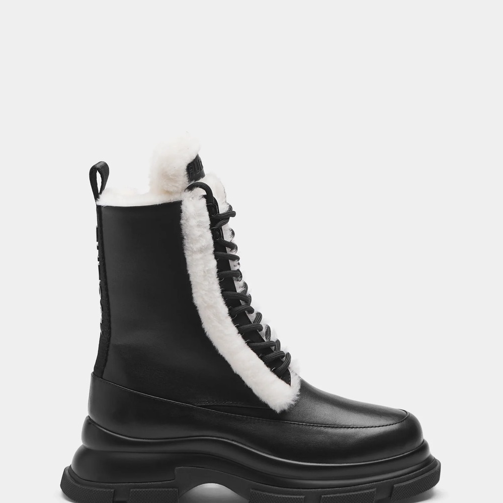 RUDSAK Black Lace-Up Platform Boot with White Shearling Trim